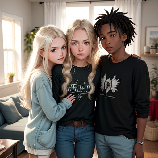a group of three people standing next to each other in a living room with a couch and a table