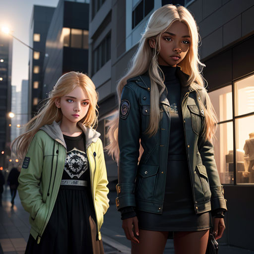 two women standing on a sidewalk in front of a building with a clock on it's side and a man in a green jacket
