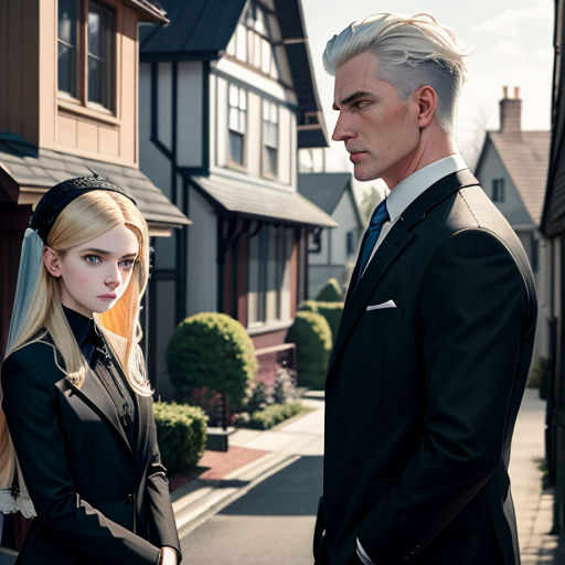 a man and a woman standing in front of a house with a house in the background and a woman in a suit