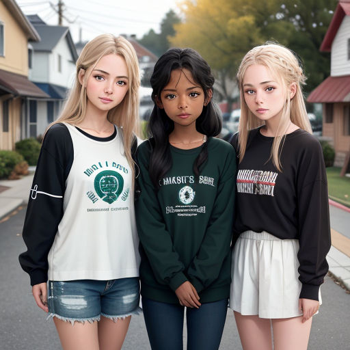 three girls standing in the street with their arms around each other and one girl is wearing a green shirt