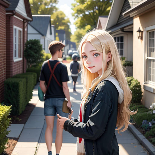 a girl with blonde hair standing on a sidewalk next to a man with a backpack and a backpack on