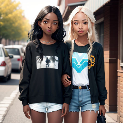 two young women standing next to each other on a street corner with cars parked in the background and a building behind them