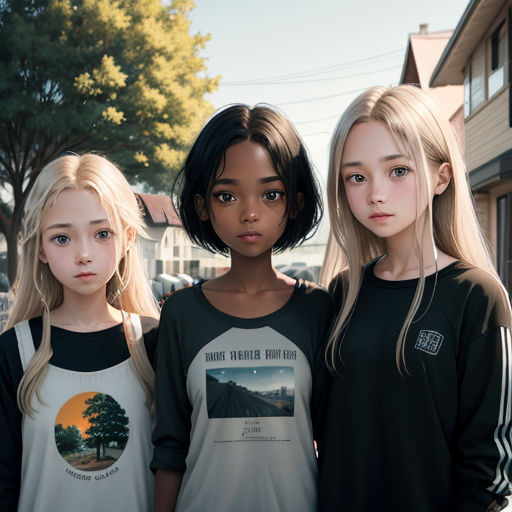 three girls standing next to each other in front of a building with a tree in the background and a street sign in the foreground