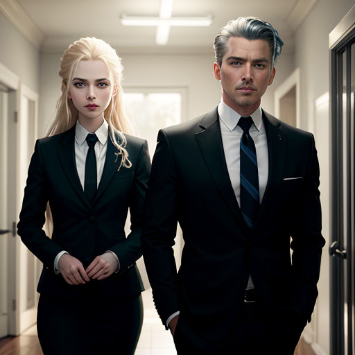 a man and a woman in suits standing in a hallway together, looking at the camera, with a hallway in the background