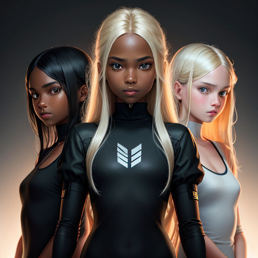 three women in black and white outfits standing next to each other with blonde hair and a black bodysuit