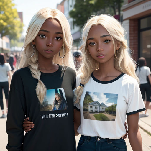 two young women standing next to each other on a street corner with a building in the background and people walking on the sidewalk