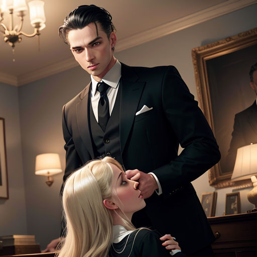a man in a suit and a woman in a dress in a room with a painting on the wall