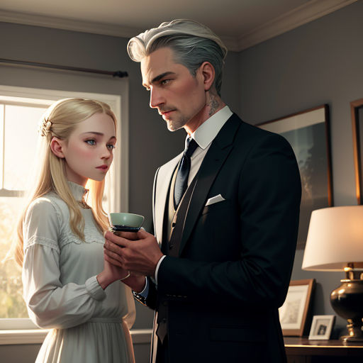 a man and a woman standing in a room looking at something on a cell phone and holding a cup