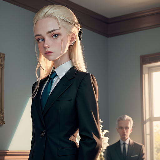 a woman in a suit and tie standing next to a man in a suit and tie in a room