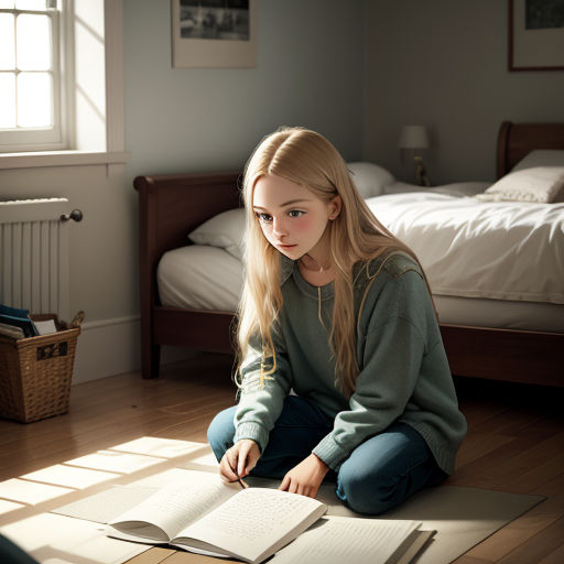 a girl sitting on the floor reading a book in a bedroom with a bed in the background and a basket of books on the floor