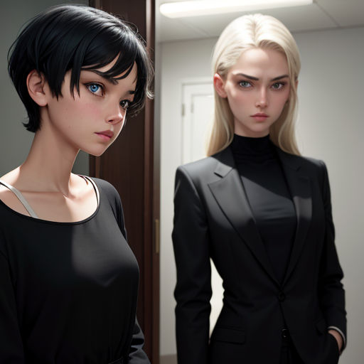 two women in black outfits standing next to each other in a room with a door and a mirror behind them