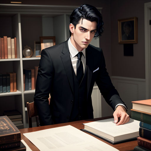 a man in a suit is looking at a book on a table with a bookcase in the background