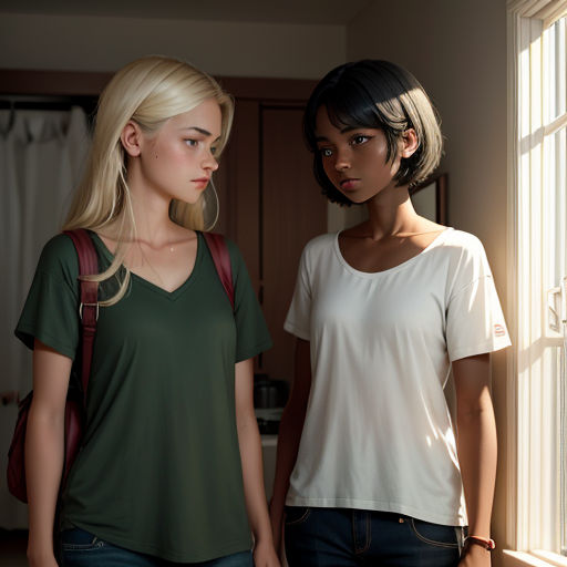 two women standing next to each other near a window with sunlight coming through the window panes on the wall