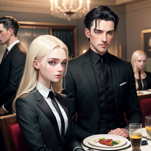 a man and woman sitting at a table with a plate of food in front of them and a glass of wine in front of them