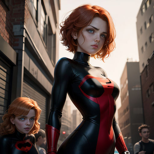 a woman in a black and red suit standing next to a man in a red suit and a woman in a black and red suit