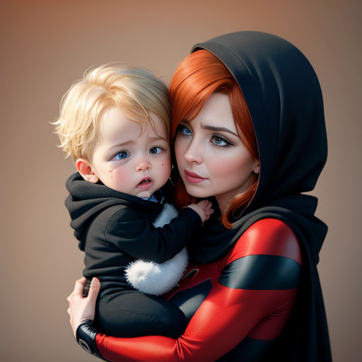 a woman holding a child in her arms with a red and black outfit on her chest and a black hoodie on her head