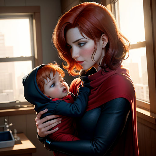 a woman holding a baby in her arms in a kitchen with a window behind her and a sink in the background