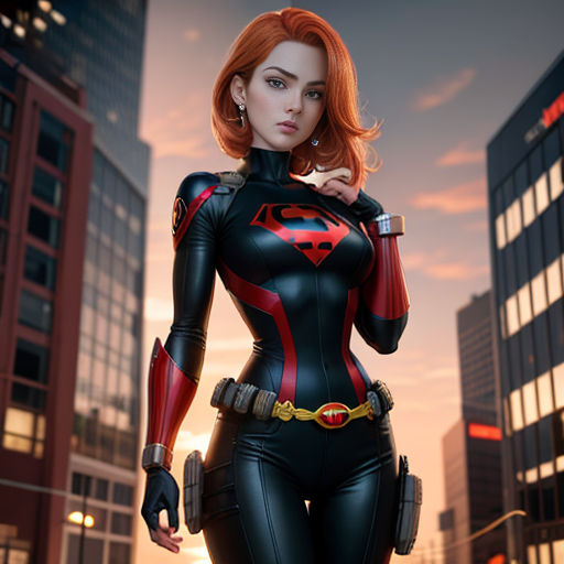 a woman in a black and red suit standing in a city at sunset with a gun in her hand