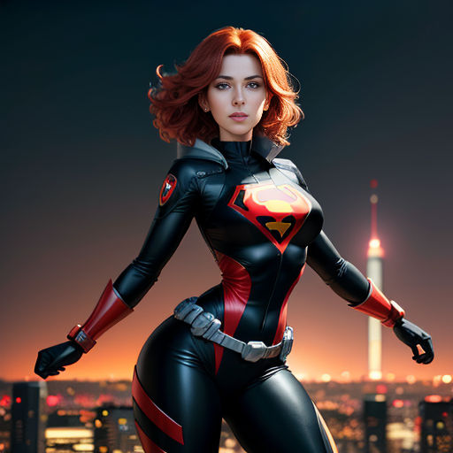 a woman in a black and red suit standing in front of a city skyline at night with a red hair