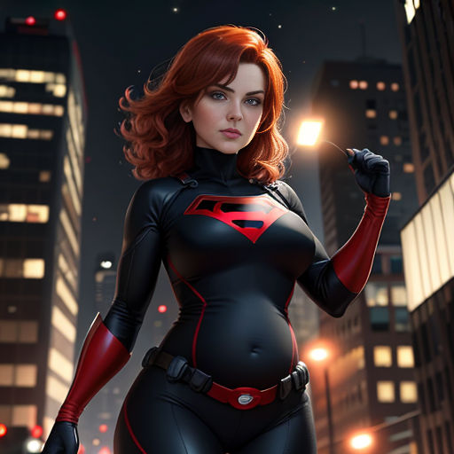 a woman in a black and red costume standing in a city at night with a red light on her chest
