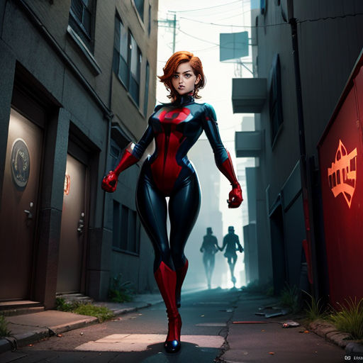 a woman in a red and black suit is walking down a street in a city with a man in the background