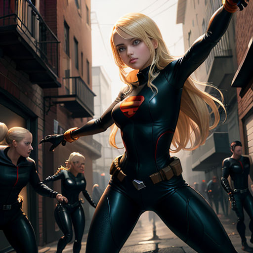 a woman in a black suit with a gun in her hand and other women in black suits in the background