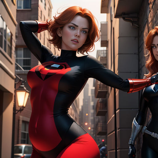 two women in costumes standing in a city street, one of them is wearing a red and black suit