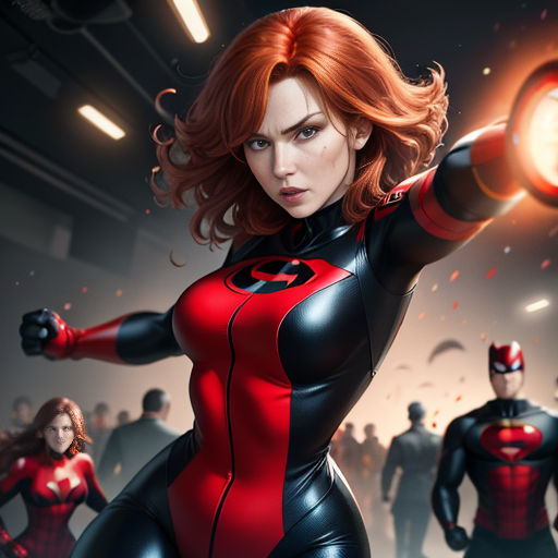 a woman in a red and black suit with a red light on her arm and a group of people behind her