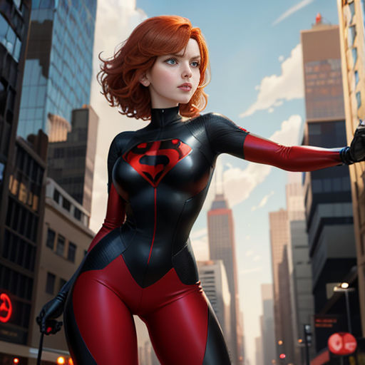 a woman in a red and black suit is standing in the middle of a city street with her arms outstretched