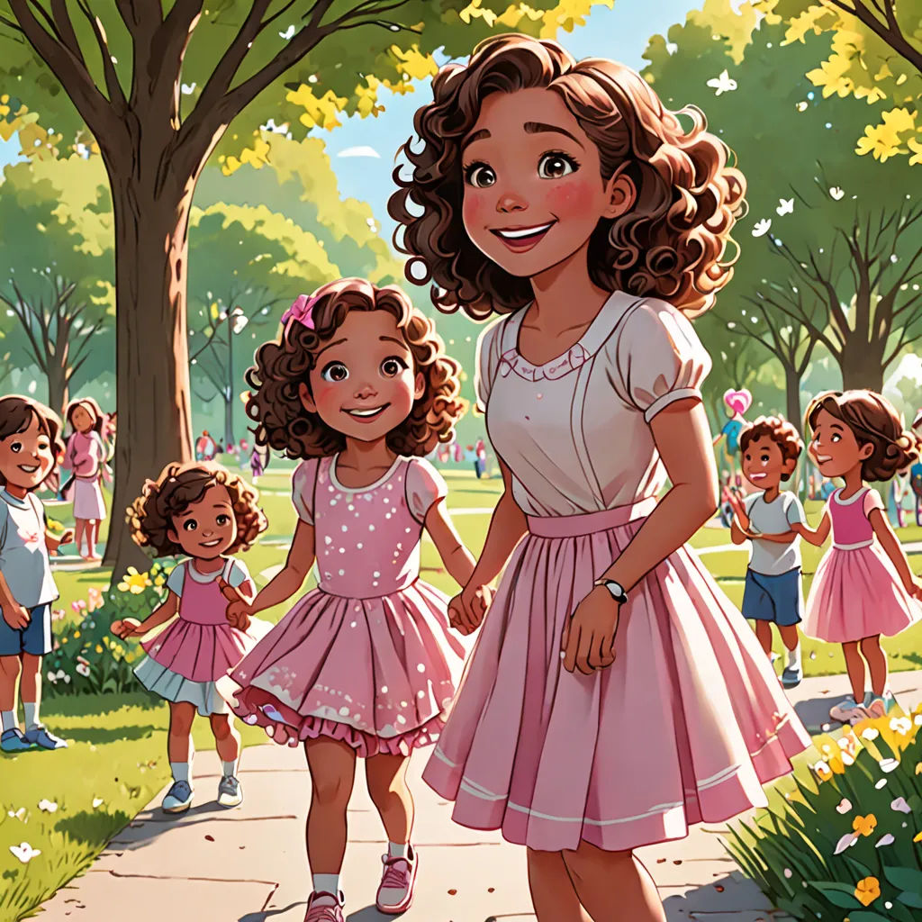 a woman and two girls are walking down a sidewalk in a park with many children in the background and a tree, american scene painting, a storybook illustration, Clarice Beckett, official art
