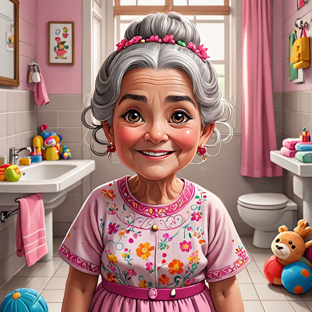 a cartoon of a woman in a pink dress in a bathroom with a teddy bear and a teddy bear toy, photorealism, a character portrait, Chris LaBrooy, highly detailed digital painting