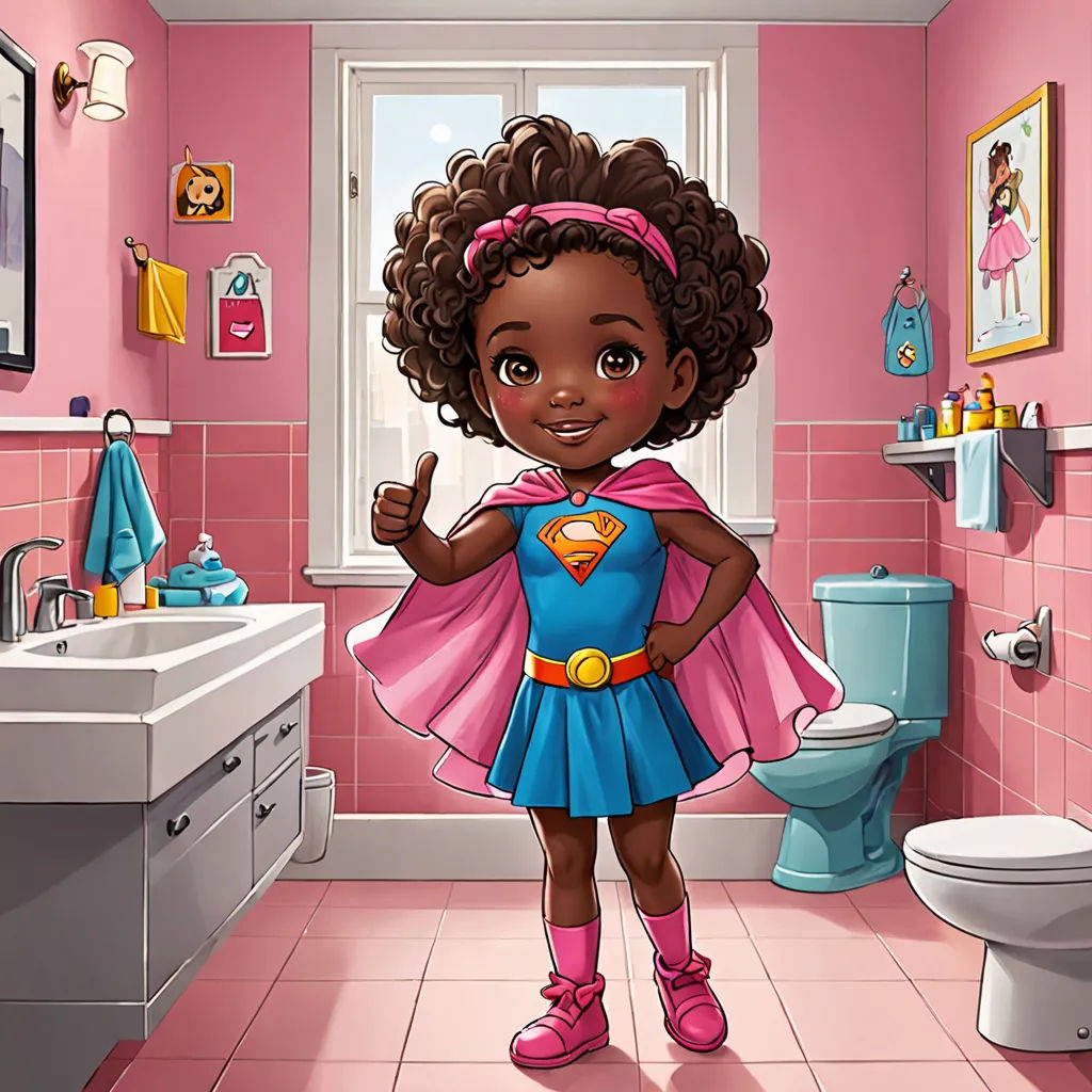 a cartoon girl in a pink bathroom with a pink toilet and sink and a pink wall with a pink and blue bathroom, afrofuturism, a character portrait, Chinwe Chukwuogo-Roy, character art