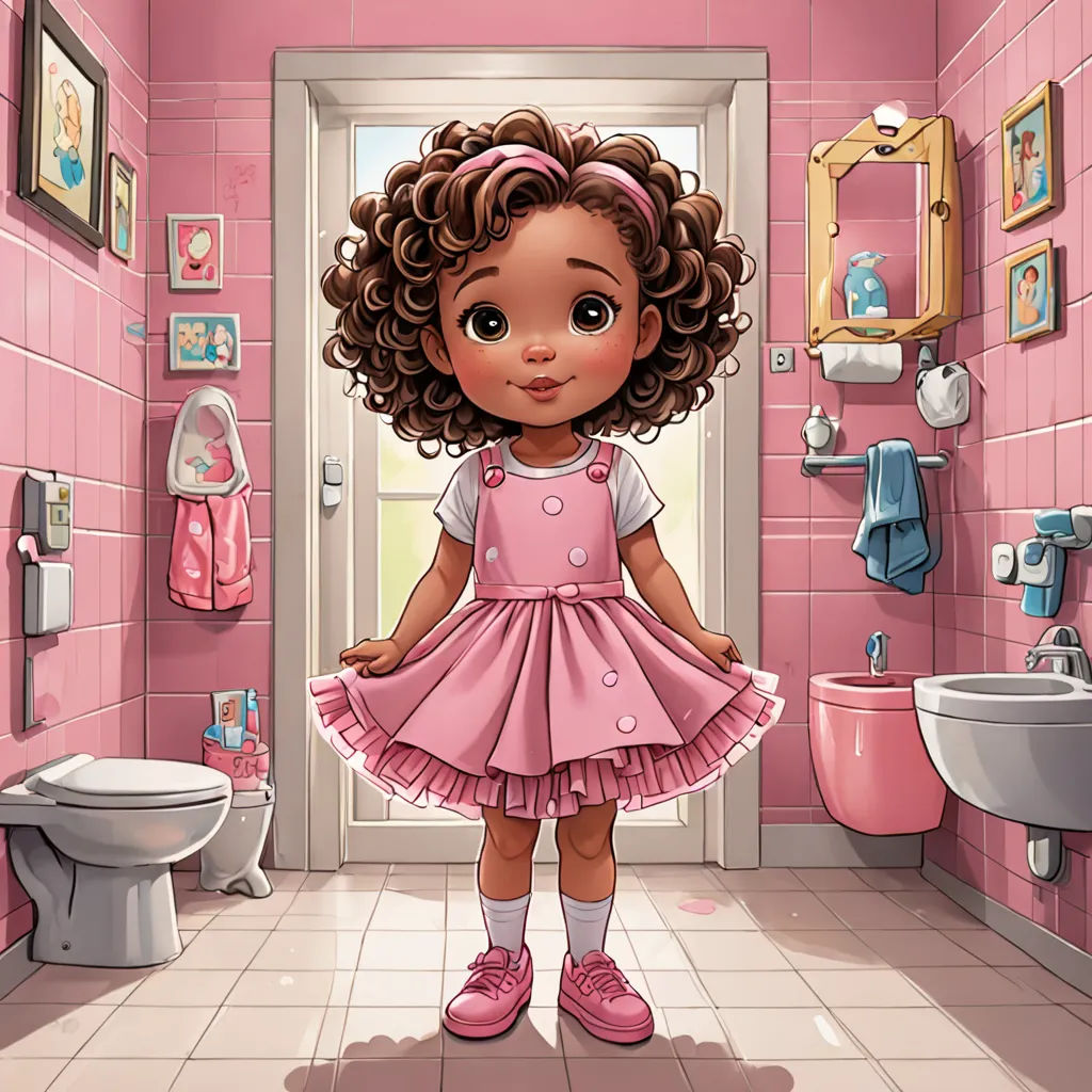 a cartoon girl in a pink bathroom with a pink toilet and sink and a pink wall with pictures on it, photorealism, a storybook illustration, artist, storybook illustration