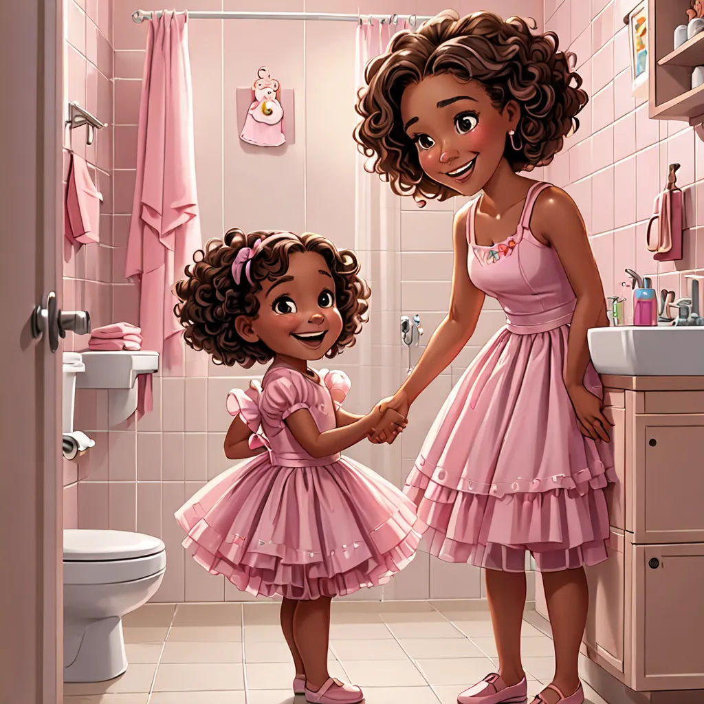 a cartoon of a mother and daughter in a bathroom holding hands and smiling at each other's face, photorealism, a storybook illustration, Chinwe Chukwuogo-Roy, official art