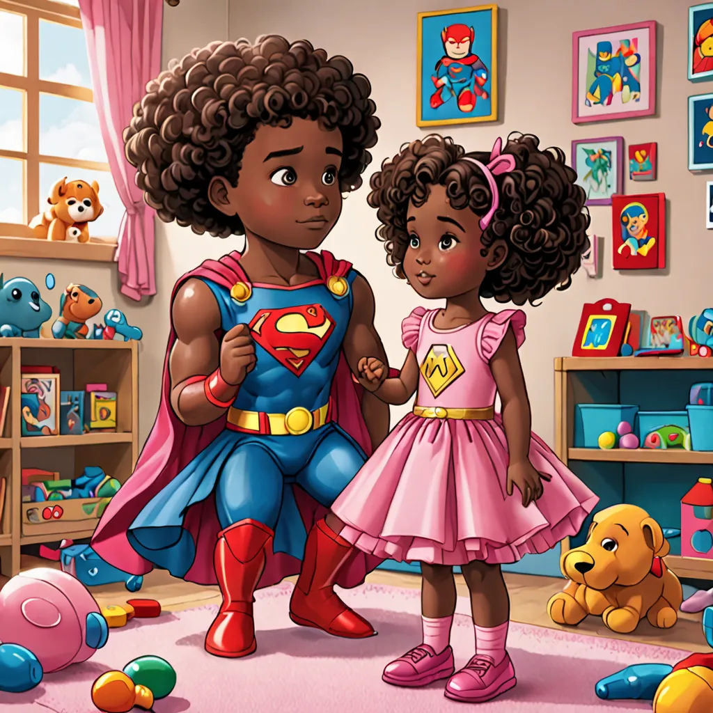 a cartoon of a little girl and a girl dressed as superman and a girl dressed as a princess standing in a room with toys, afrofuturism, a storybook illustration, Americo Makk, comic cover art