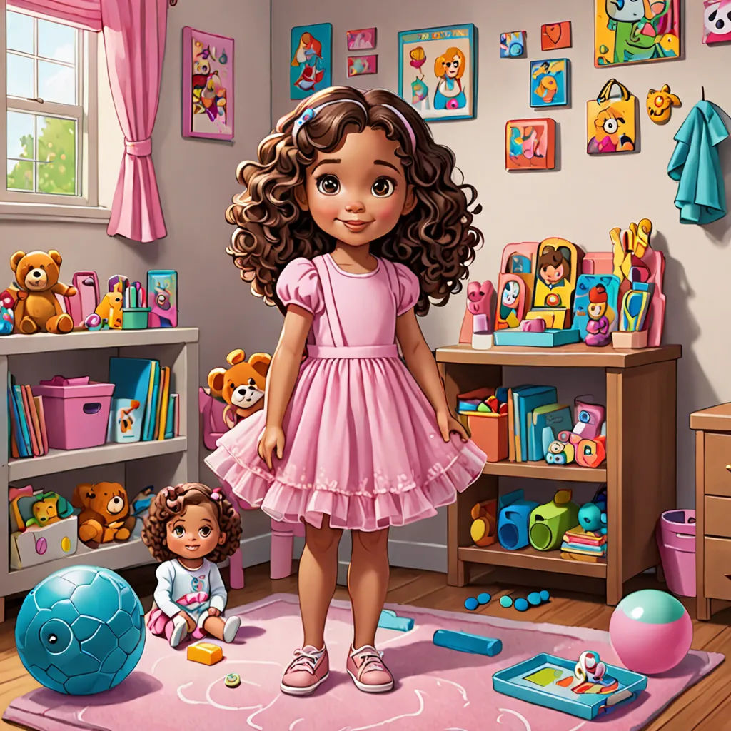 a cartoon girl in a pink dress standing in a room with toys and a teddy bear on the floor, photorealism, a digital rendering, Chris LaBrooy, highly detailed digital art