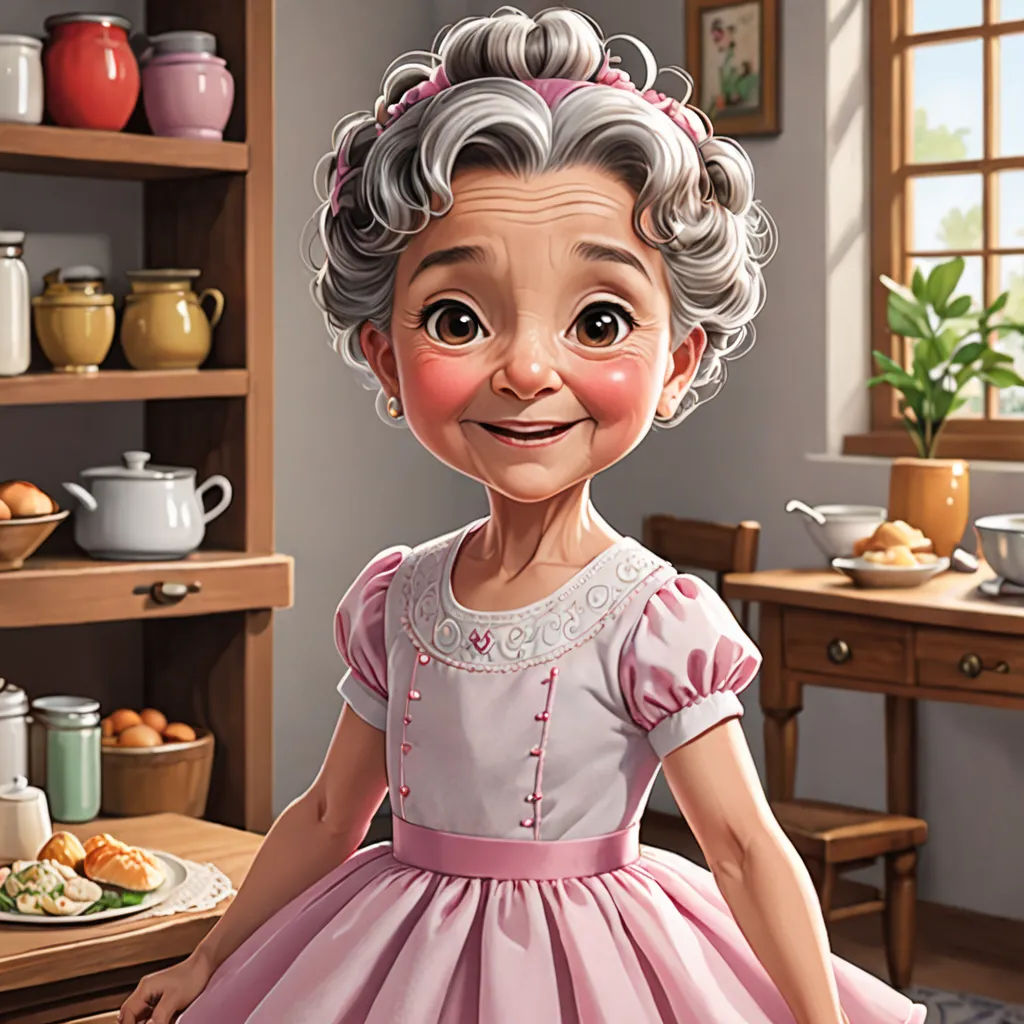 a cartoon of a woman in a pink dress standing in a kitchen with a plate of food on the table, photorealism, a storybook illustration, Bob Byerley, cgstudio