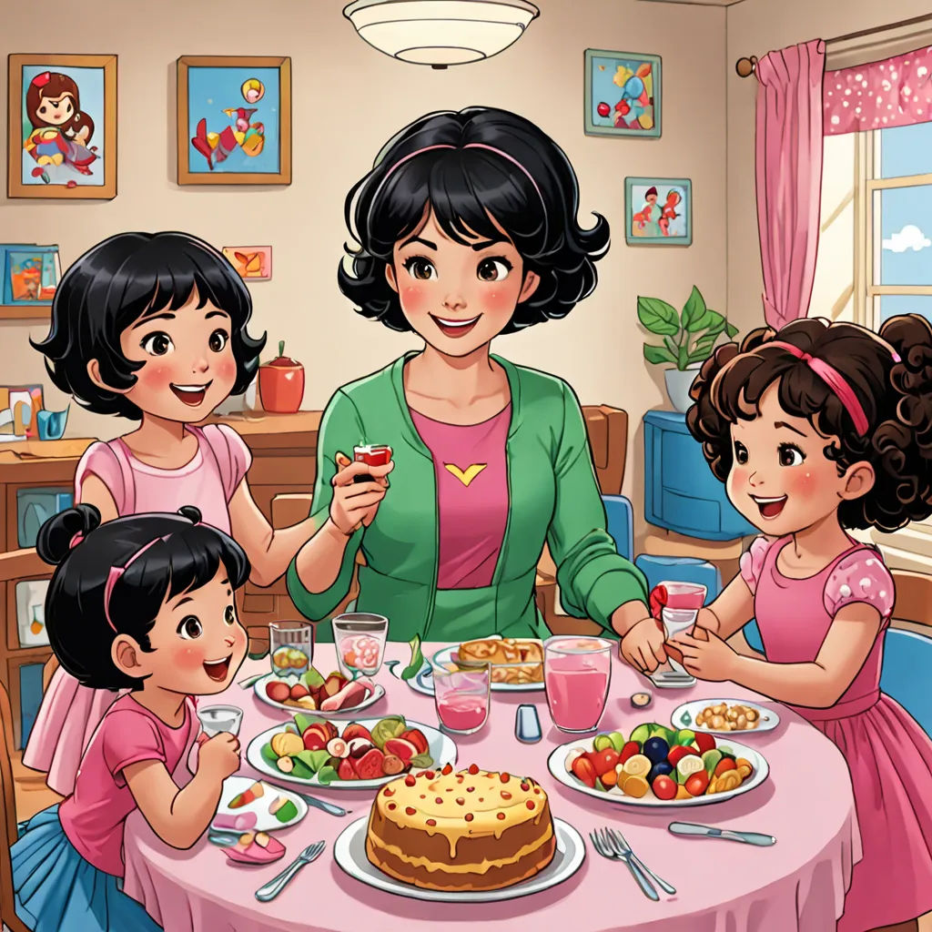 a woman and three children are eating a cake at a table with a pink tablecloth on it and a pink tablecloth on the table, lyco art, a storybook illustration, Eileen Aldridge, promotional image
