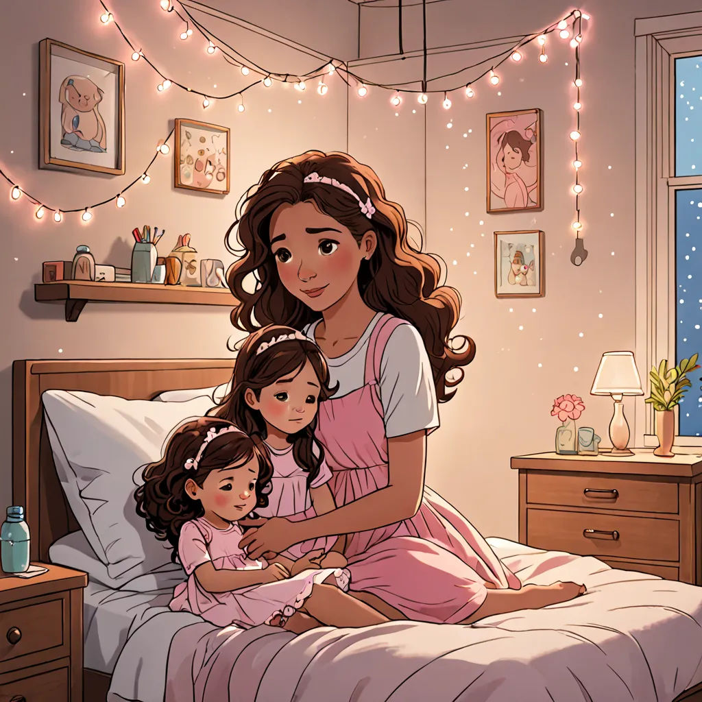 a woman and two children sitting on a bed in a bedroom with lights strung above the bed and a window, lyco art, a storybook illustration, disney, kinkade
