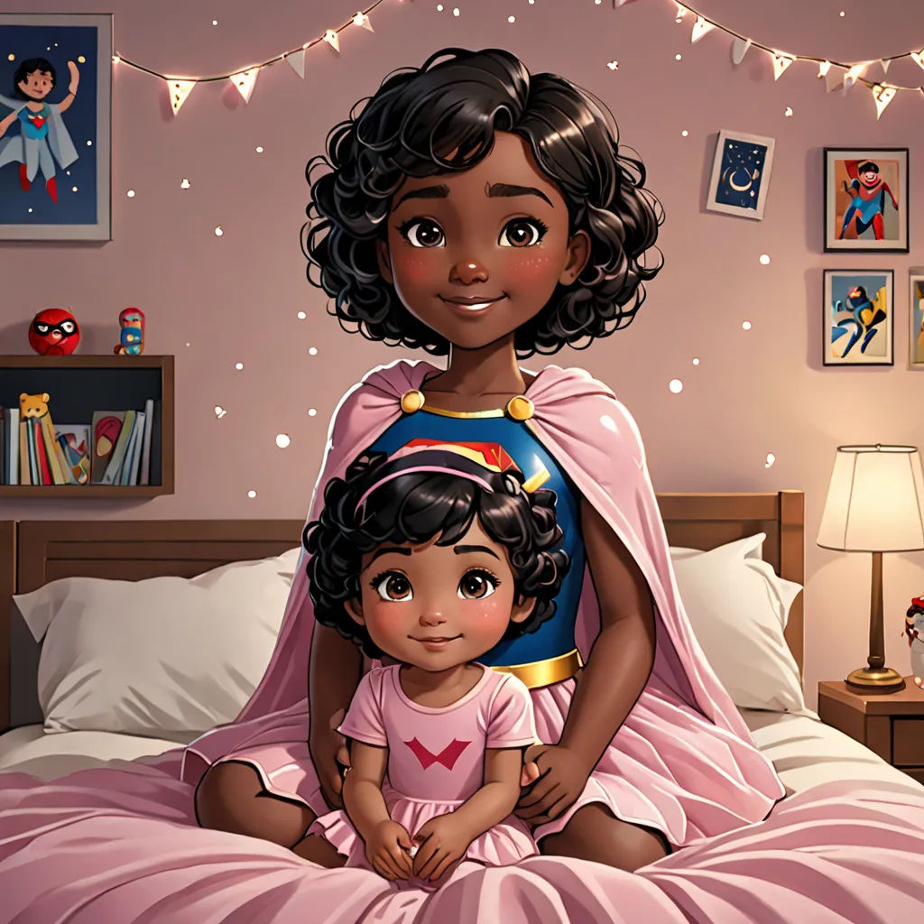 a painting of a woman and a child on a bed with a pink blanket and a pink wall with pictures on it, afrofuturism, a storybook illustration, Artgerm, comic cover art