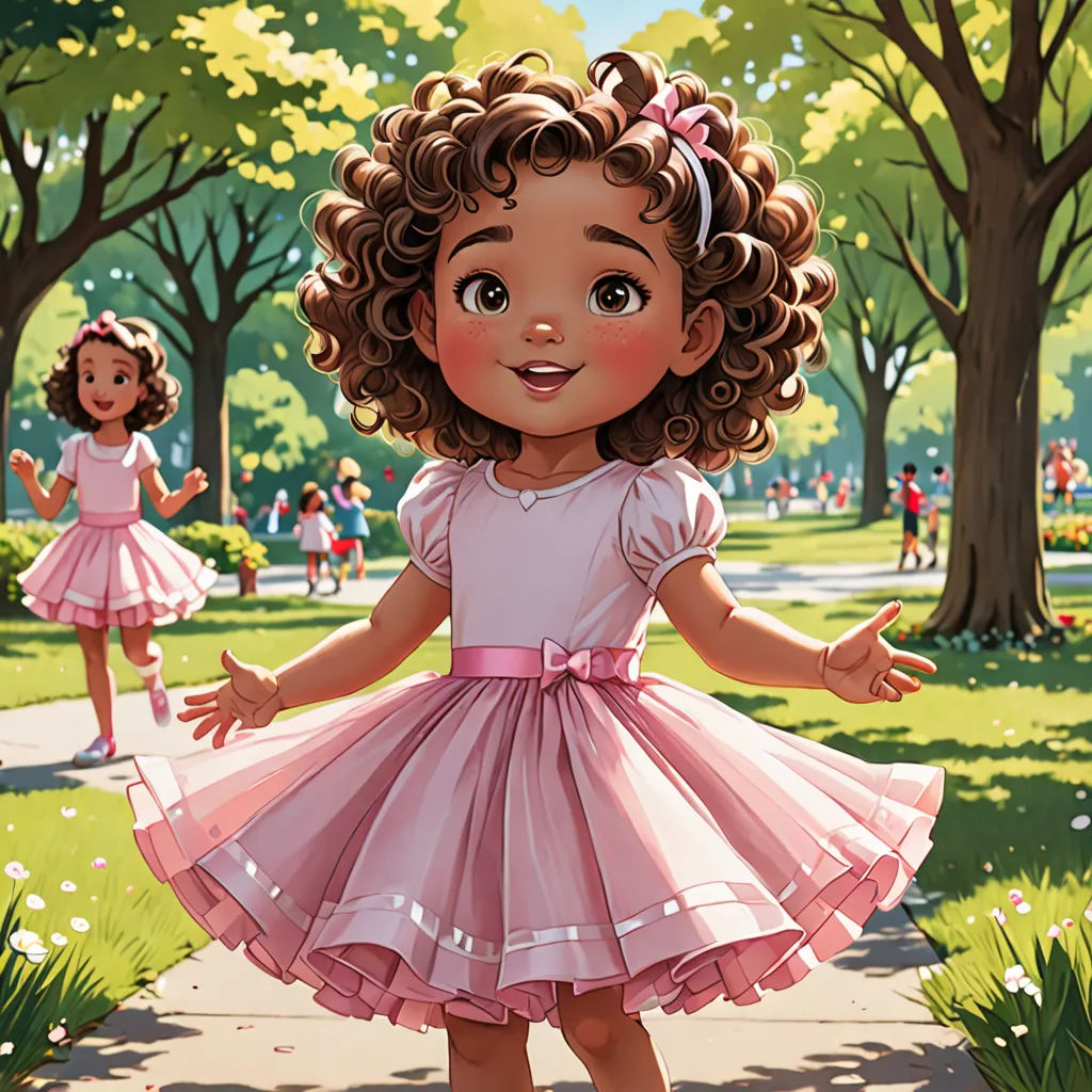 a cartoon girl in a pink dress is standing on a sidewalk in a park with other children in the background, american scene painting, a storybook illustration, Constance Gordon-Cumming, storybook illustration
