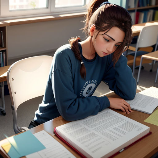 a girl sitting at a desk with a book in front of her and a book open to her side
