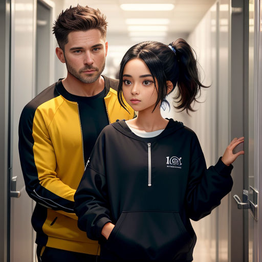 a man and a woman standing in a hallway together wearing black and yellow sweatshirts and black pants and a ponytail