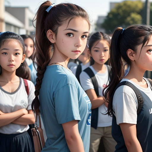 a group of young girls standing next to each other on a street corner with their arms crossed and looking at the camera