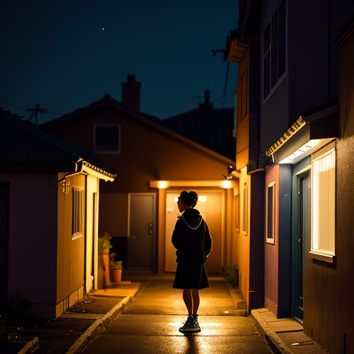 a person standing on a sidewalk at night in a dark alley way with a house in the background and a light on
