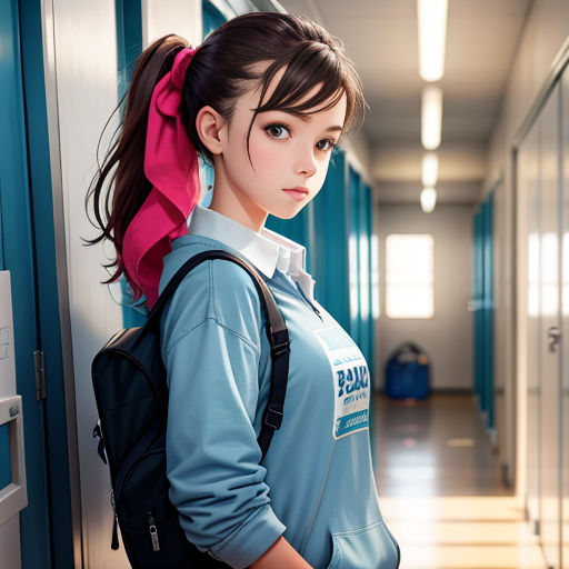 a girl with a pink bow on her head standing in a hallway with lockers and locker doors behind her