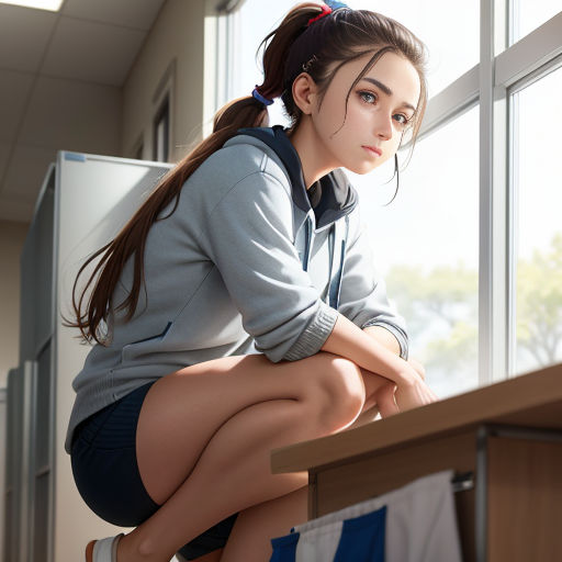 a woman sitting on a ledge looking out a window with her hands on her knees and her head in her hands