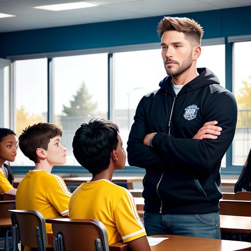 a man standing in front of a classroom full of students in yellow shirts and black hoodies with their arms crossed