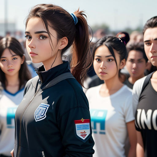 a group of people standing next to each other in a crowd of people wearing sports uniforms and ponytails