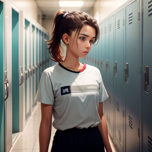 a woman standing in a hallway next to lockers with her hair in a ponytail and a ponytail in a ponytail